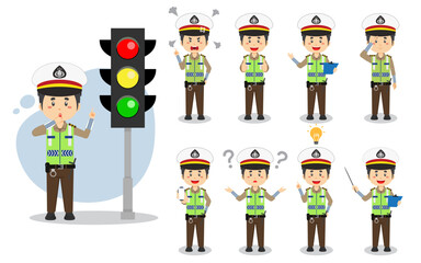 Indonesian Traffic Police Character With Various Activities