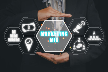 Marketing mix concept, Businesswoman hand holding marketing mix icon on virtual screen.