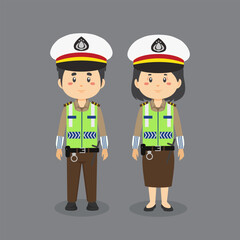 Couple Character Wearing Indonesian Traffic Police Uniform