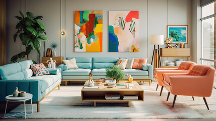 Bold and Bright Living Room Decor for Vibrant Interiors. Generative Ai