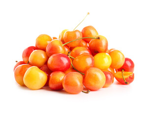 Naklejka na ściany i meble Heap of sweet yellow cherries on white background