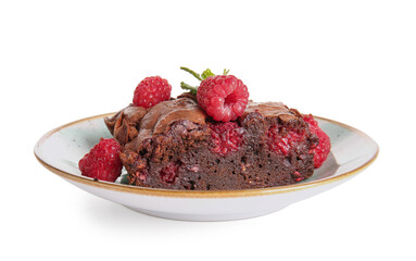 Plate with piece of raspberry chocolate brownie on white background