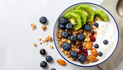 Yogurt bowl with homemade granola (muesli), nuts, fresh berries (blueberry) and kiwi fruit. Healthy eating. Tasty and easy cooking summer breakfast or snack. Top view, copy space, white background.