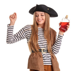 Beautiful female pirate with bottle of rum on white background