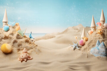 Obraz na płótnie Canvas Beach-Themed Background with Sandcastles and Seashells, Creating the Perfect Summer Vibe for a Joyful Birthday Party. Generative AI