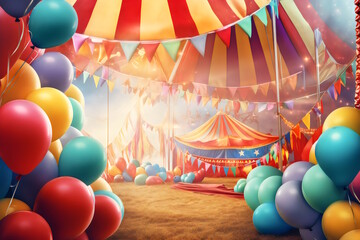 Poster Featuring a Colorful Carnival-Inspired Background with Balloons and Streamers, Creating a Beautiful and Joyful Atmosphere for Children's Celebrations. Generative AI