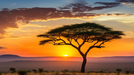 Plakat Golden Sunset over the Serengeti Plains. Generative Ai