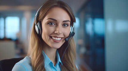 Businesswoman in a sleek headset sits at her workstation, ready to assist customers with a friendly smile