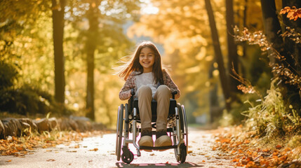 Smiling girl in a manual wheelchair - obrazy, fototapety, plakaty