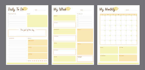 (Lemon) 3 set of Daily, Weekly, Monthly Planner template. Make your day more easily and happy. Vector Print template.