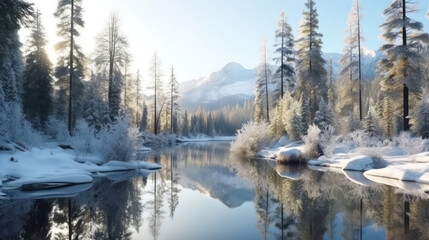Winter forest reflected in water