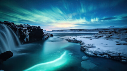 Fototapeta premium Dancing Northern Lights in Iceland Frozen Wilderness. Generative Ai