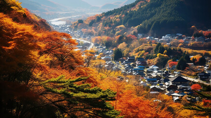 Vibrant Autumn Foliage Blanketing Japan Countryside. Generative Ai
