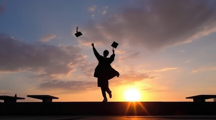 Fototapeta premium Silhouette young man, graduate on the background of dawn