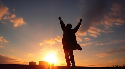 Fototapeta premium Silhouette young man, graduate on the background of dawn