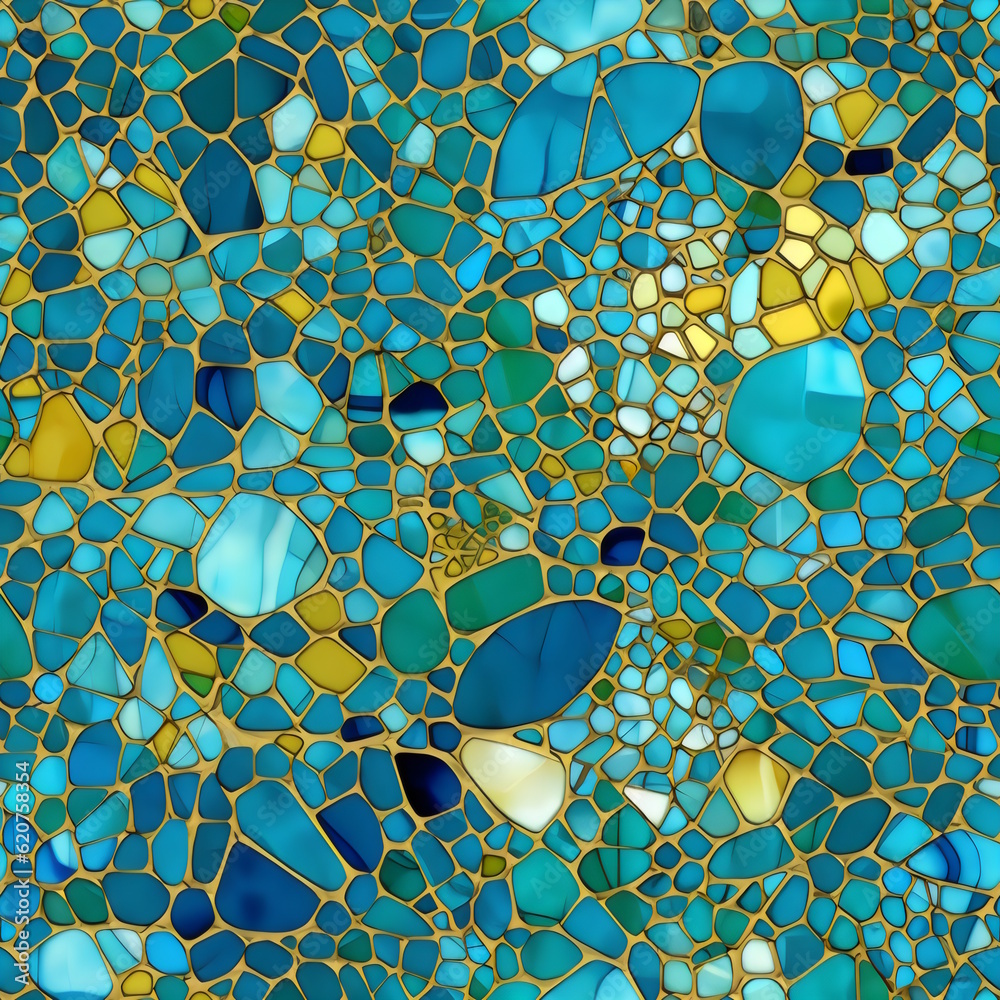 Wall mural Organic Mosaic, Realistic Textured Forms in Blue, Green, and Yellow Tiled Pattern, Light Turquoise, and Dark Gold Hues on Shaped Canvas. Generative AI