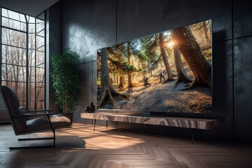 Large 8k OLED TV on display in a bright living room with ambient light and sound. Generative AI