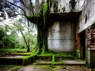 Fototapeta premium old wooden house in the forest with broken wall