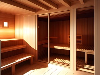 wooden sauna interior with furniture