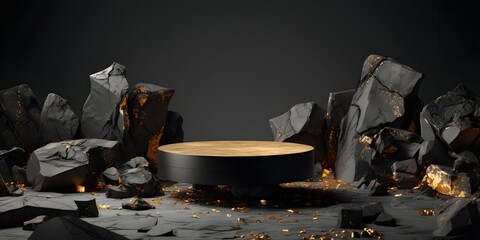 abstract background with black cobblestone ruins, broken rocks and golden nuggets. Modern minimal showcase scene with empty cylinder podium for product presentation, AI Generative