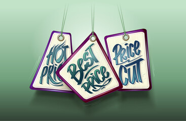 Hot price, best price, price cut - vector poster or web banner mockup with price tags