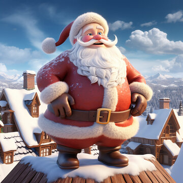 3d cartoon of santa claus on a roof