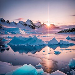 Sunset Over Arctic Landscape with Icebergs created with Generative AI.