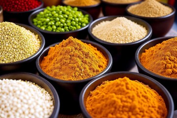 Indian spices in black bowls created with Generative AI.