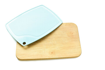 blue and brown wooden cutting board isolated on white background, equipment for cooking in the kitchen