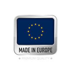 Made in Europe label. Flat isolated stamp made in EU. 100 percent quality. Quality assurance concept. Vector illustration.