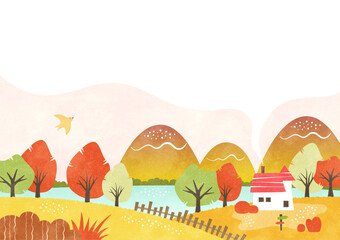 秋の紅葉と水辺の家の背景フレーム 自然あふれる水彩風景イラスト