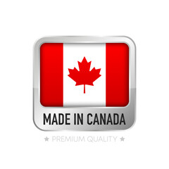 Made in Canada label. Flat isolated stamp made in Canada. 100 percent quality. Quality assurance concept. Vector illustration.