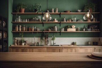 Kitchen with green wall & wooden shelf. Generative AI