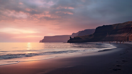 Pastel Sunset Casting a Serene Glow over a Beach in Santorini. Generative Ai