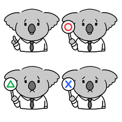 丸三角バツの札を持つ動物のキャラクター