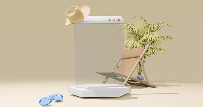 summer vacation with white podium beach chair, hat, sandals ,and 3d app screen, paste 3d video, rener gorgeous yellow background