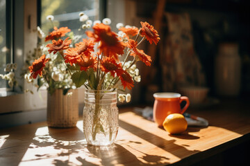 Morning Illumination: Plant Vase Bathed in Morning Light. Generative AI