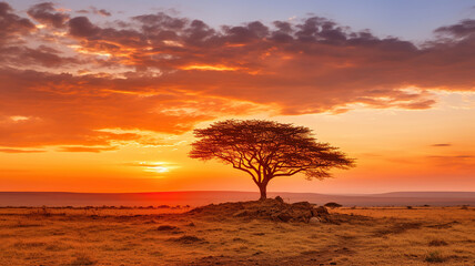 Fototapeta na wymiar Golden Sunset over the Serengeti Plains. Generative Ai