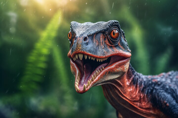Tyrannosaurus rex. Dinosaur in the rainforest.