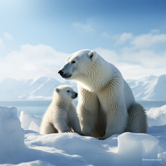 Plakat Arctic Harmony: Polar Bear and its Cubs in the Snow. Generative AI