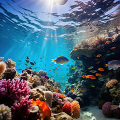 Naklejka na ściany i meble Marine Wonderland: Fish and Coral Reef Underwater. Generative AI