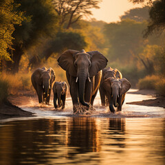 Naklejka na ściany i meble Harmonious Herd: Family of Elephants Walking Together. Generative AI