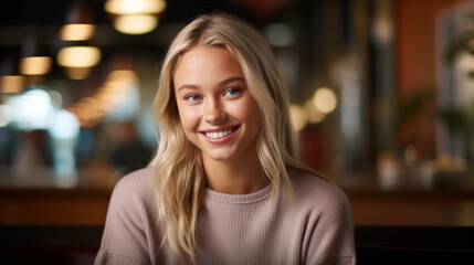 Woman with smooth blond hair sitting in a cafe shop
