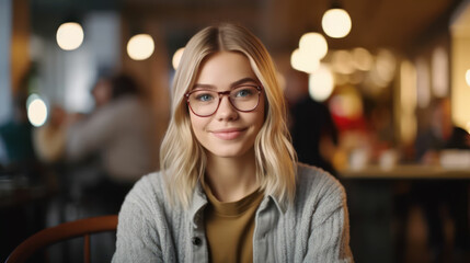 Woman with smooth blond hair sitting in a cafe shop