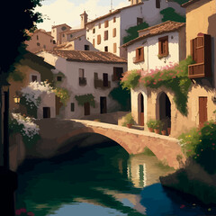Fototapeta na wymiar a beautiful traditional spain village canals and river illustration