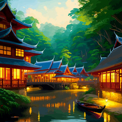a beautiful Traditional Thai village canals and river illustration