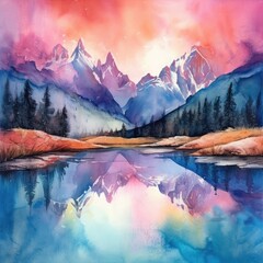 Watercolor Mountain with River and Forest