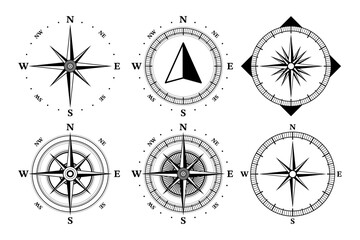 Compass Icons collection. Wind Rose. Travel guide symbol. Geographic tool. World nautical vintage star for mariners latitude and longitude navigation measurement equipment. Vector illustration.