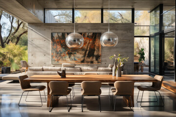 Fototapeta premium Dining room are laid out along the corridor in the elevated part of the home,ai generater