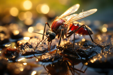 Still Reflections: Mosquito Resting on a Water Puddle. Generative AI